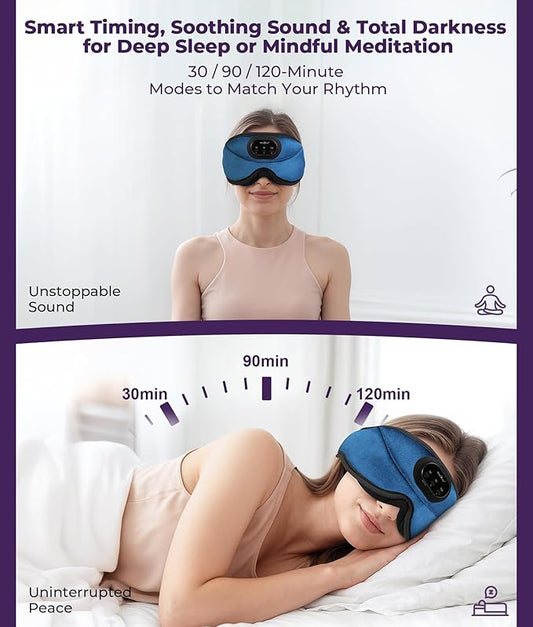 MUSICOZY 3D Bluetooth Sleep Mask with Headphones and Timer, Wireless Sleep Headphones for Side Sleepers, Eye Mask with Bluetooth Headphone, Blue