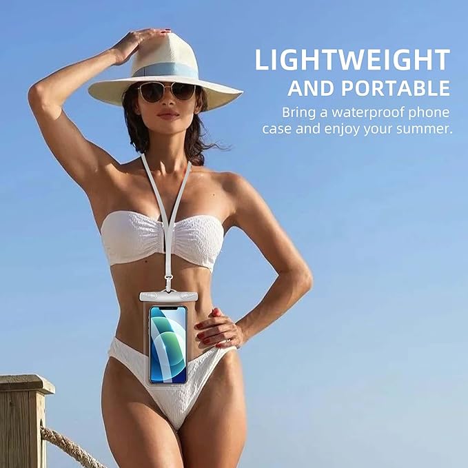 Waterproof Phone Pouch, New Lock Design Waterproof Phone case with Lanyard IPX8 Waterproof Dry Bag Universal Beach Cruise Essentials White