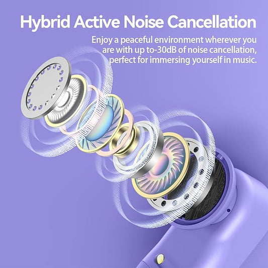 GOLREX Active Noise Cancelling Ear Buds Wireless Earbuds Bluetooth Headphones with 80H Playtime LED Display Charging Case, Over Ear Earphones with Hooks for Sports Running Gym Workout Purple