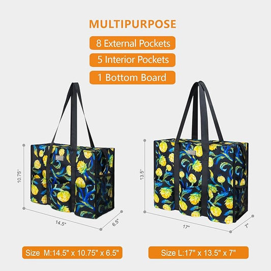 TOPDesign Utility Water Resistant Tote Bag with 13 Pockets, Top Zipper Closure & Thick Bottom Support, for Working Women