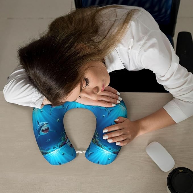 Neck Support Pillow, Comfortable Memory Foam Car/Flight/Airplane Chin Pillows U Shaped Cushion for Office Travel Sleeping Ocean Animals Sea Shark