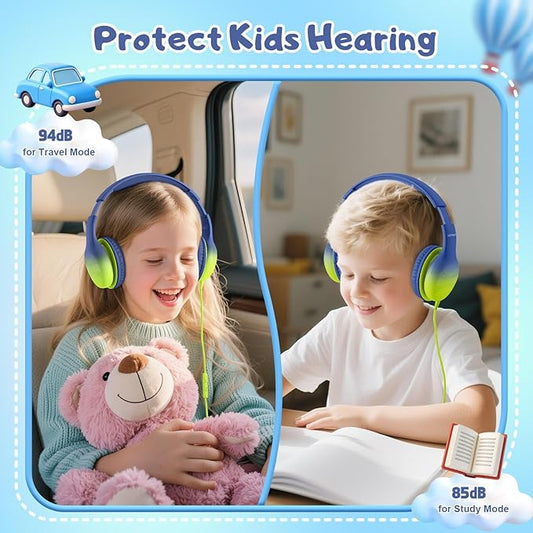 USB Type C Kids Headphones, Wired Headphones for Kids with Microphone 85/94dB Volume Limit, Stereo Sound Portable Over Ear Headphones for School/Travel/Tablet/iPad, Blue Lemon