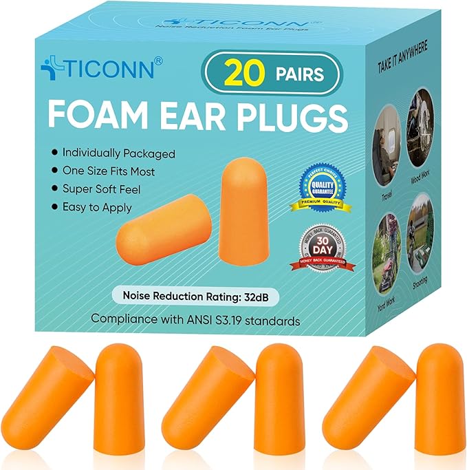 TICONN 20 Pairs Ear Plugs, 32dB Noise Reduction Earplugs for Sleeping Hearing Protection Travel Study Concentration Construction Site (20 Pairs)