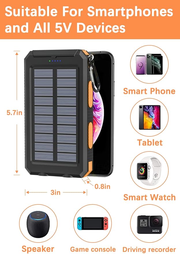 Solar Power Bank - 36800mAh Solar Phone Charger, USB-C QC3.0 Fast Charger with LED Flashlight, IP65 Waterproof Portable Power Bank for Camping, Hiking Outdoor Activities(Orange)