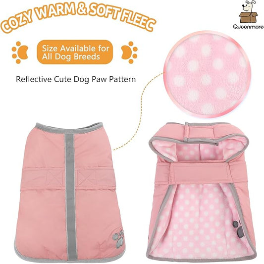 Queenmore Dog Winter Coat, Fleece Puffer Dog Down Vest, Cold Weather Pet Jacket for Dogs, Waterproof Reflective Reversible Dog Sweater Clothes for Small, Medium and Large Dogs (Light Pink, S)