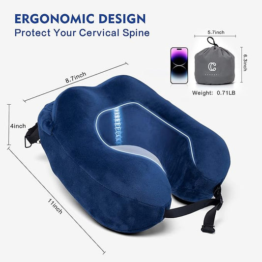 Neck Pillow with Hood - Memory Foam Neck Pillow Head Chin Support, Airplane, Car, Office & Home Sleep Rest Travel Pillows with Hood (Navy Blue, M)