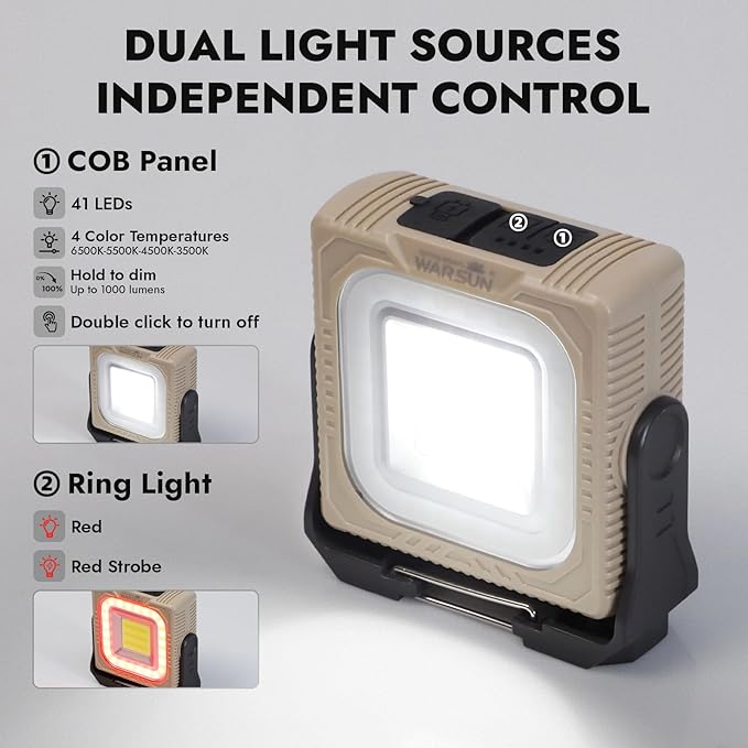 WARSUN 1000 Lumens Rechargeable Work Light – Portable LED Camping Lantern with Tripod Mount, Type-C Charging, Magnetic Base, Hanging Hook, Multi Lighting Modes,for Outdoor,Hiking,Camping