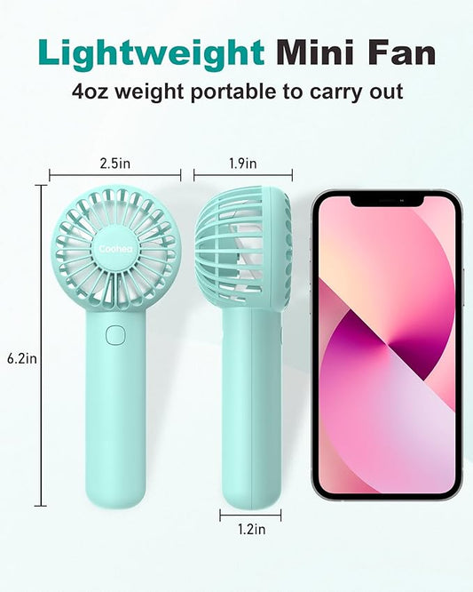 Coohea Mini Handheld Fan, Small Cute Design, 3 Powerful Speeds, USB Rechargeable Battery Operated, Portable Personal Fan with Base & Lanyard, for Eyelash Makeup Travel Beach Office Desk, Blue