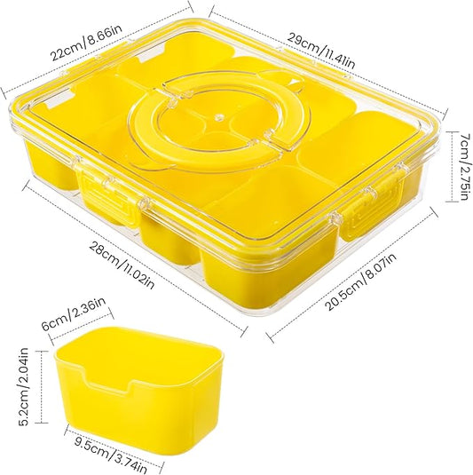 Divided Serving Tray with Lid and Handle - Snackle Box Charcuterie Container for Portable Snack Platters Organizer for Candy, Fruits, Nuts, Snacks - Perfect for Party, Entertaining, Yellow