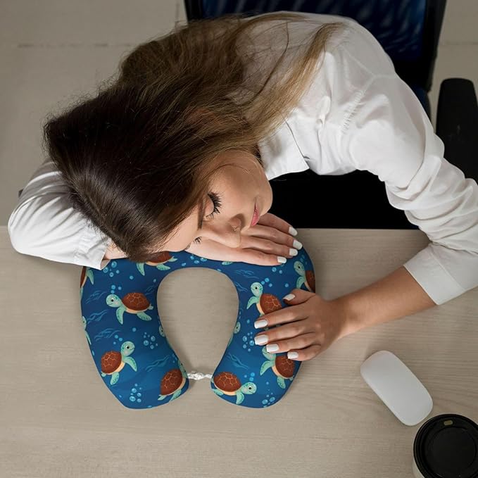 Neck Travel Pillow, Breathable Memory Foam Chin & Head Support Cushion Teal Sea Turtles for Airplane Car Sleeping Rest