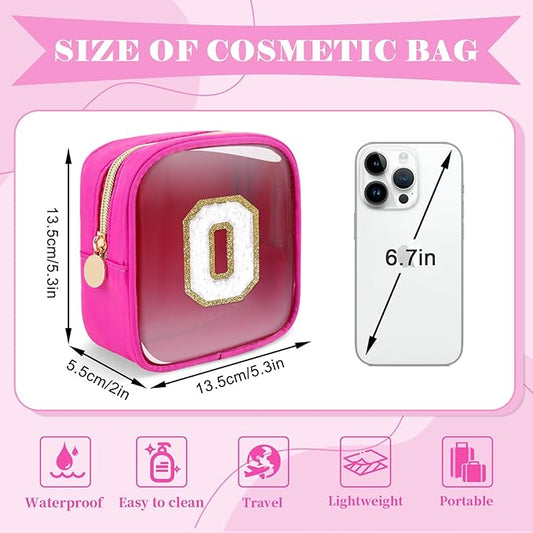 Personalized Initial Letter Clear Preppy Makeup Bag,Mini Nylon Chenille Letter Cosmetic Bag Cute Zipper Pouch Coin Purse for Teen Girls,Portable TSA Approved Travel Essentials Bag Gift for Women,O