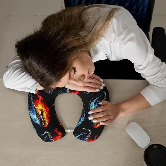 Neck Pillows for Travel Water Fire Saxophone, Women and Men Airplane Car Pillow, Neck Support U Shaped Pillow for Rest Pain Relief Sleeping