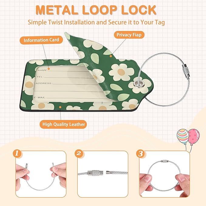 Vintage Cream Daisy 3 Pack PU Leahter Luggage Tag with Stainless Steel Loop, Pastel Pink Floral Checkerboard Travel Suitcase Labels with Privacy Cover ID Label Quickly Spot for Bags