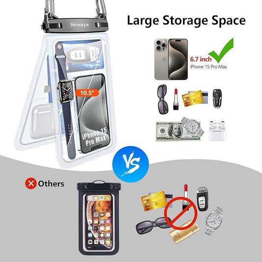 Niveaya Double Space Waterproof Phone Pouch - 2 Pack, Waterproof Phone Lanyard Case with iPhone 16/15/14/13/12 Pro Max up to 8.3", Phone Dry Bags for Vacation Beach Pool Kayak Cruise Travel Essentials