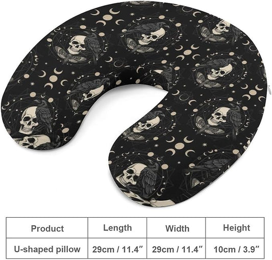 Breathable Travel Pillow Black Raven Moon Skull Art Memory Foam Chin Support, Removable Washable Cover for Airplane Car Office Sleeping