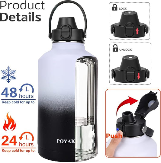 Water Bottle Insulated 32oz 40oz 64oz 128oz Straw Lid Spout Lid & 3 Lids, Leak Proof, Vacuum Insulated,Stainless Steel Water Bottle Wide Mouth for Sports, Gym or Office