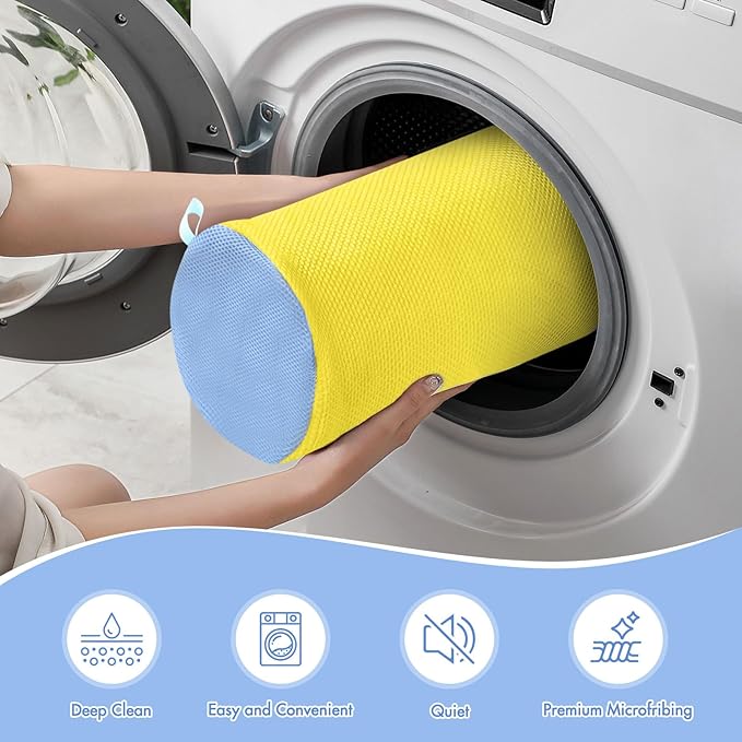 Shoe Bag for Washing Machine - Reusable Sneaker Tennis Shoes Cleaner Bag with Laces & Insoles All-in-One Cleaning Pockets No Tangling, Home Travel Laundry Shoe Bag w/Shoe Trees Keep Shape, Yellow 2pcs