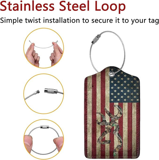 2 Pack Luggage Tags for Suitcase, Privacy Cover ID Label with Stainless Steel and Address Card for Travel Bag Backpack Cruise Ship Essentials Tag Women Men - Camo Deer American Flag