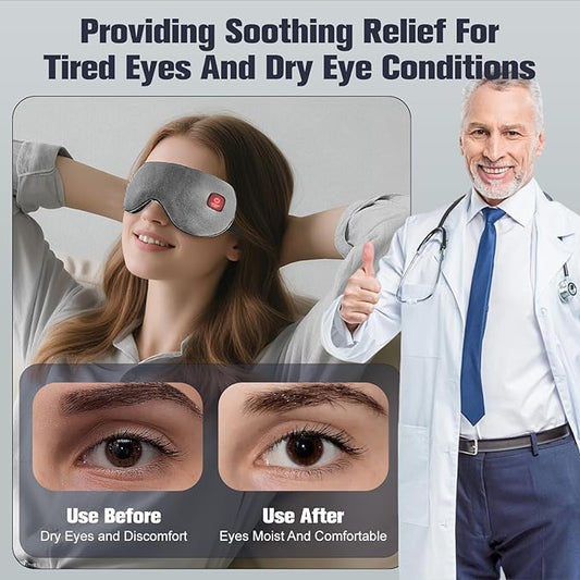 Heated Eye Mask, Rechargeable Detachable Washable Faux Silk Electric Cordless Dry Eyes Warmer Compress Graphene Sleep Mask Travel Gifts for Men Women, 3 Heat Levels & Auto-Off, Gray