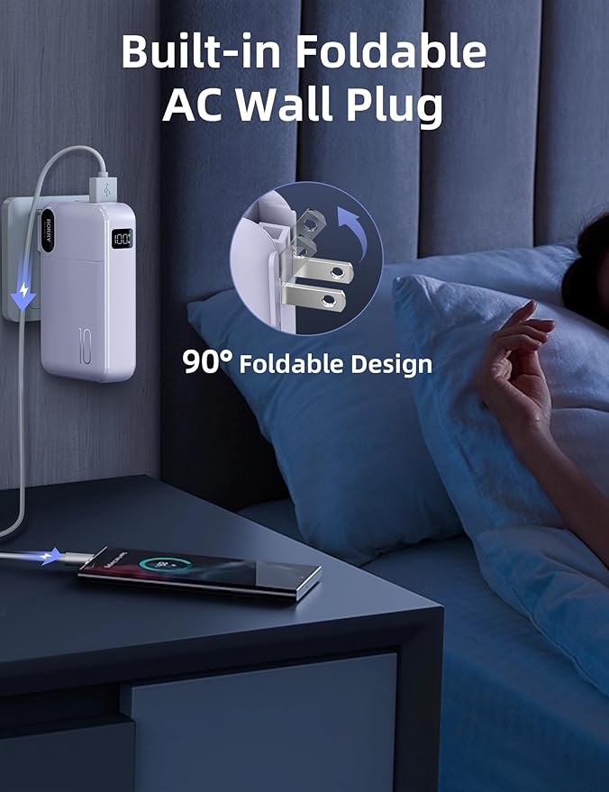 RORRY Portable Charger Built in Cables, AC Wall Plug in Portable Charger Power Bank 10000mAh Travel Battery Pack 22.5W Fast Charging for iPhone 17/16/15 Samsung Galaxy S24/S23 Pixel LG iPad, Purple