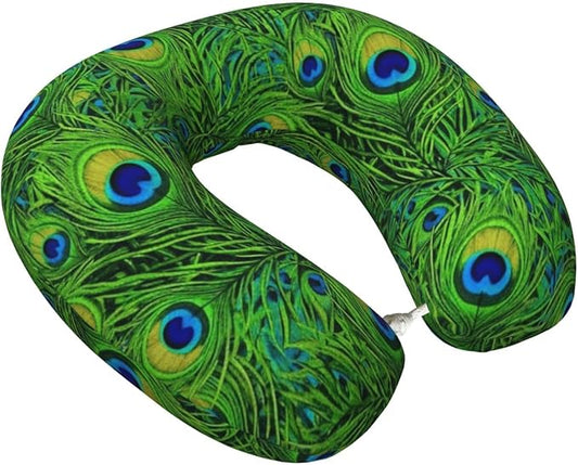 Neck Pillow Memory Foam Chin Cushion with Breathable Cover Animal Beautiful Peacock Feather Green, Cute Airplane Car Pillows for Office Head Pain Relief