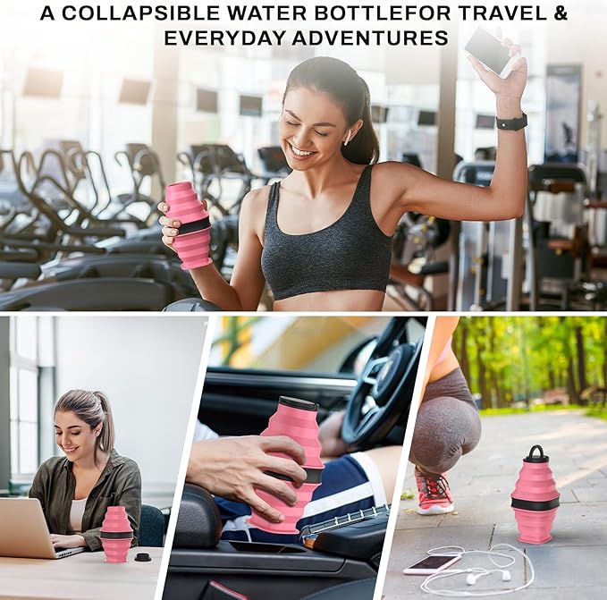 Collapsible Water Bottles with Anti-Collapse Ring,600ml Foldable Water Bottle BPA Free Reusable Lightweight LeakProof Silicone for Travel Hiking Camping Gym Sports,Collapses to 1.5” Pink