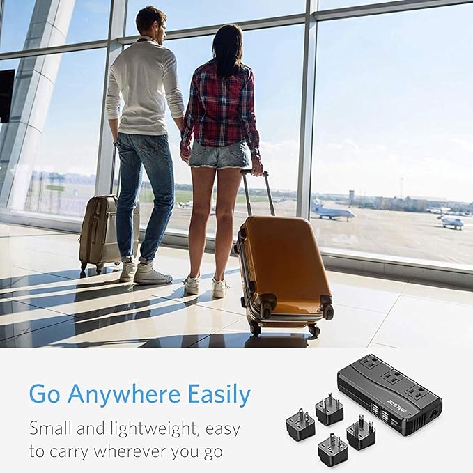 BESTEK Universal Travel Adapter 100-220V to 110V Voltage Converter 250W with 6A 4-Port USB Charging 3 AC Sockets and EU/UK/AU/US/India Worldwide Plug Adapter (Black)