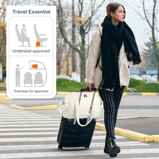 TOPDesign Travel Duffel Bag for Women, Puffer Gym Bag Sports Tote with Wet Pocket, Carry On Weekender with Luggage Sleeve (Ivory White)