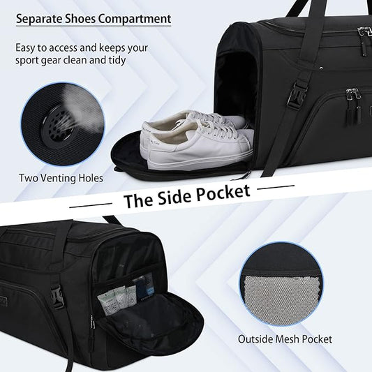 Gym Duffle Bag for Women Men 40L Waterproof Sports Travel Duffel Bags with Shoe Compartment,Wet Pocket Large Weekender Overnight with Toiletry Bag,Black