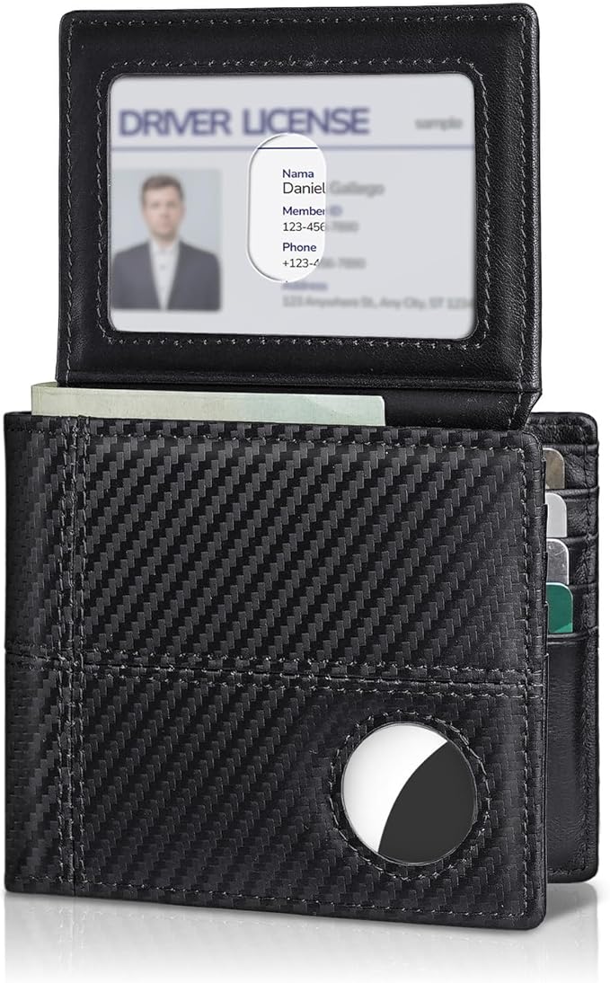 Mens Wallet With AirTag Holder, Bifold Leather RFID Blocking 1-2 ID Windows 12-13 Card Holders, Gift Box and Screen Protector Included, AirTag Not Included
