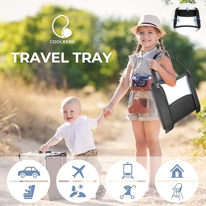 COOLBEBE Kids Travel Tray for Toddler Car Seat, Travel Tray for Airplane, Toddler Car Seat Lap Tray, Carseat Table Tray for Kids Travel Activities (Black-1)