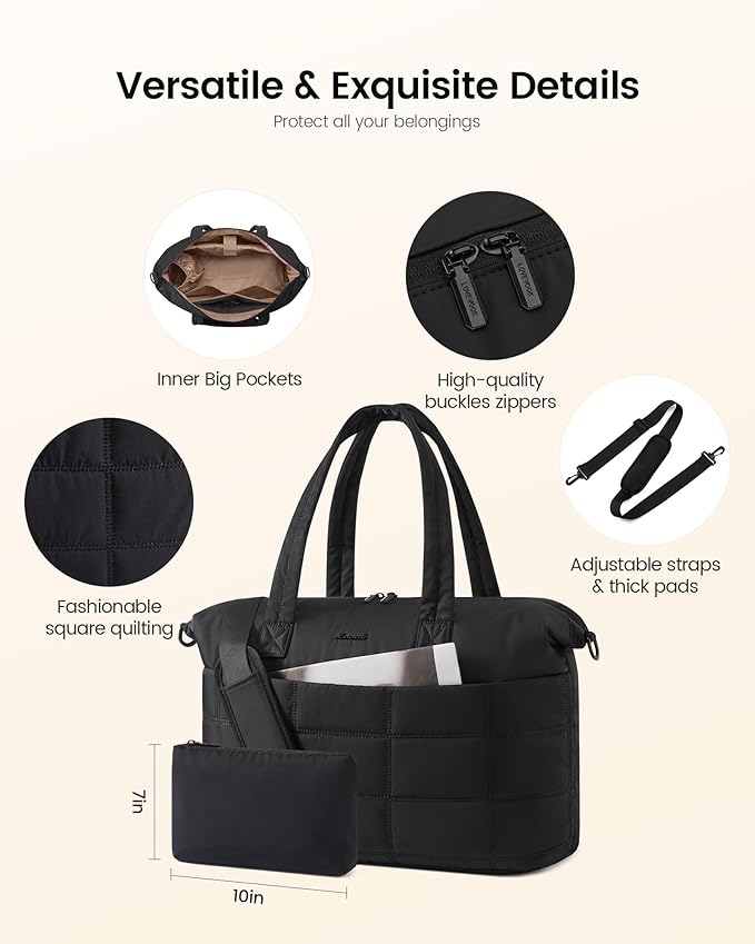 LOVEVOOK Quilted Duffle Bag for Travel,48L Gym Bag for Women with Wet Pocket,Water Resistant Weekender Overnight Bag Tote Bag for Women with Laptop Compartment(Black)