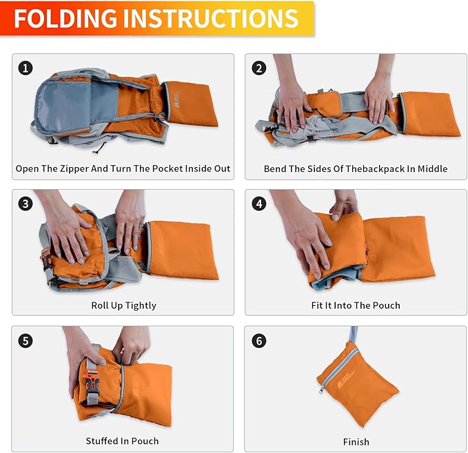HIGH EXPERIENCE Hiking Backpack 10L/15L Small Daypack Lightweight Packable Travel Foldable Water Resistan for Women Men (Orange, 15L)