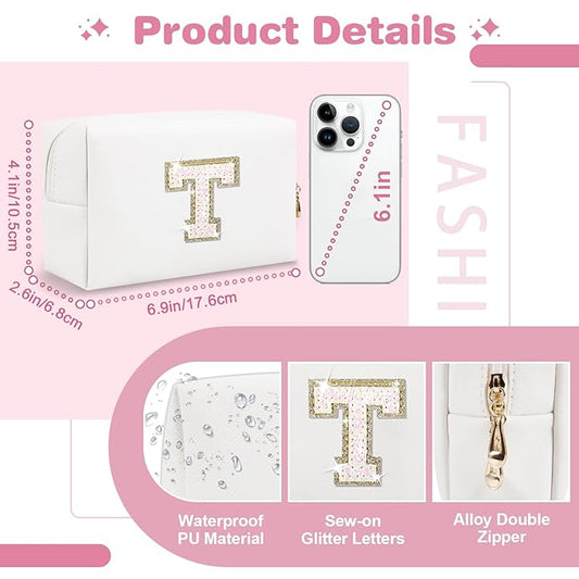 Small Initial Patch Makeup Bag Personalized Gifts Make Up Bag,White Cute PU Leather Glitter Letter Cosmetic Bag with Zipper,Trendy Portable Travel Toiletry Pouch,Preppy Stuff for Teen Girls Women T