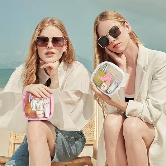 YOOLIFE Initial Make Up Bag Travel Toiletry Bag, Clear Makeup Bag Preppy Cosmetic Bags Organizer Travel Essentials Gifts for Women Teen Girlfriend Teacher Mom Birthday Mothers Day Gifts White T