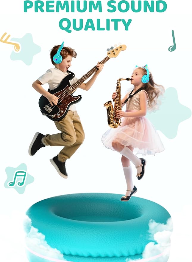 MIDOLA Kids Headphones Cat Ear Wireless Bluetooth 5.3 60H Over Ear, 8H with Led Light Foldable Music Gaming Headset with Aux 3.5mm Mic for Travel Pad Tablet Cyan