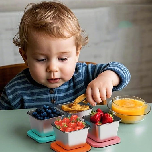 sagact 304 Premium Stainless Steel Snack Containers with Silicone Lids, Snackle Box Containers, Easy-Open Leak-Proof Kids for Taking Out for a Picnic, Lunch Box and Travel. (Red Orange Blue-3, 2 OZ)