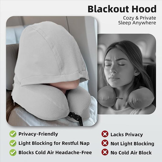 Privacy-Friendly Hooded Travel Pillow for Kids & Adults, Sensory-Friendly, Memory Foam Neck Support for Airplane, Car & Train, Breathable Fabric, Portable, Ultimate Comfort
