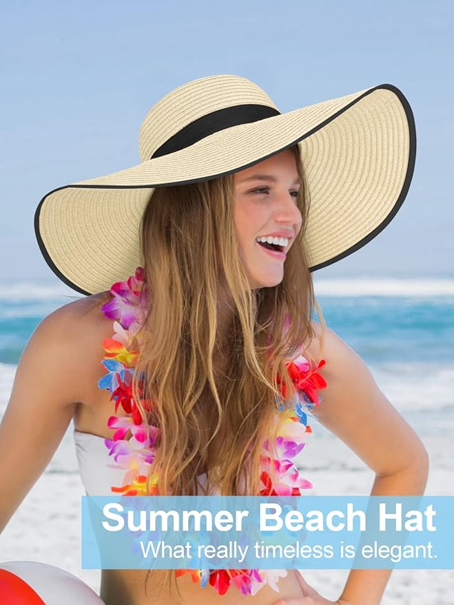 Senker Fashion Sun Hats for Women Oversize Wide Brim Straw Beach Hat Floppy Foldable Roll-Up Summer Vacation UPF 50+
