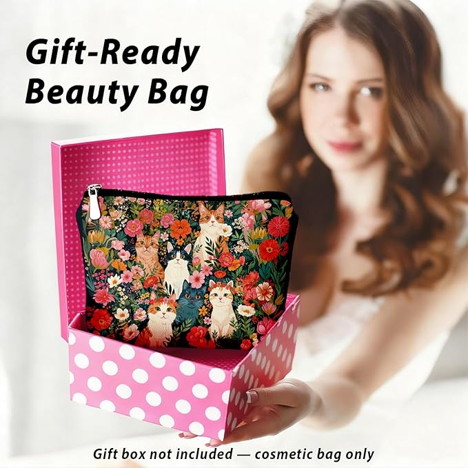 Retro Cat Makeup Bag, Kitty Cosmetic Zipper Travel Toiletry Bag for Traveling Women, Cute Black Cat Gifts for Women & Teen Girls, Cats Gifts Lovers
