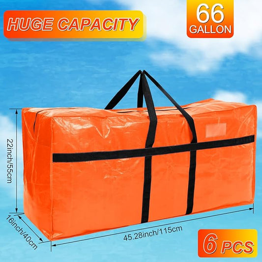 6 Pcs 66 Gallon Large Moving Bags with Zipper and Handles Foldable Storage Duffle Bags Heavy Duty Extra Large Totes for College Dorm Travel Clothes Blankets Bedding Moving (Orange)