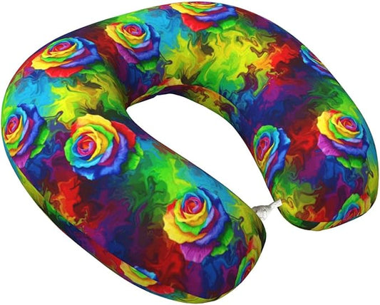 Comfortable Travel Pillow for Pain Relief Sleeping, Memory Foam Airplane Car Neck Pain Pillows Trippy Tie Dye Rose Colorful, Funny Chin Head Support Cushion