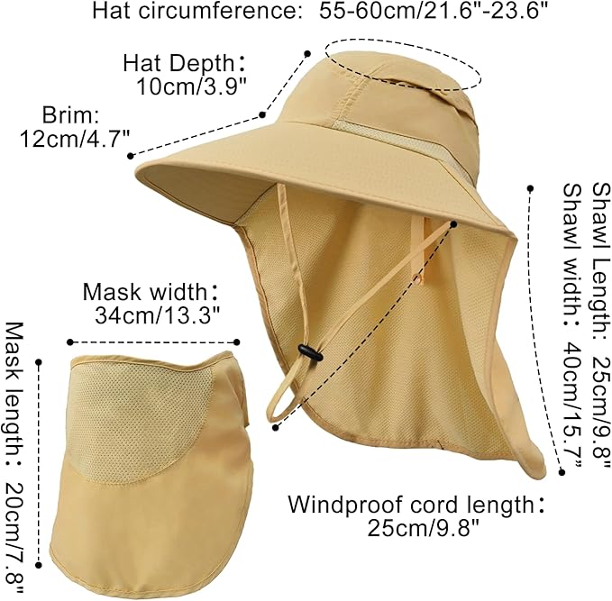 Sun Hats for Men Women Detachable Face Cover Wide Brim Fishing Hats with Neck Flap UPF 50+ Outdoor Safari Hats