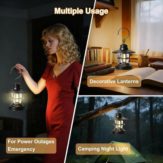 Black 2-Pack Vintage Portable Battery-Powered Camping Lantern for Outages, Emergencies, Indoor and Outdoor Activities