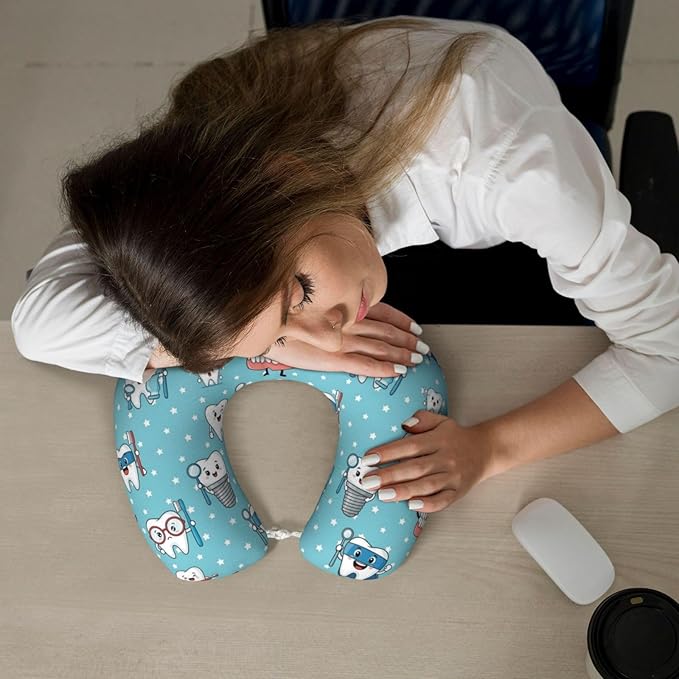 Unique Travel U Shaped Pillows Cute Dental Teeth Blue for Airplanes Car Flight, Comfortable Chin Head Neck Cushion Supporting, Polyester Removable Cover