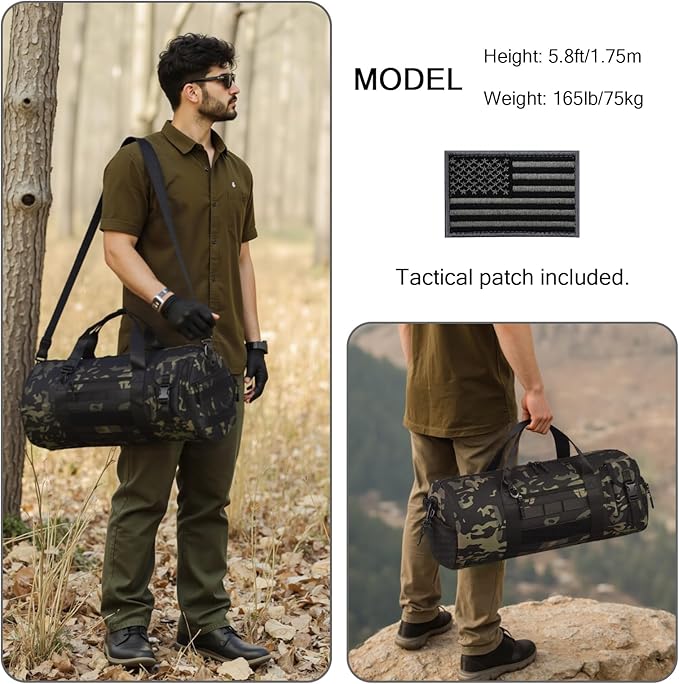 ArcEnCiel Medium Tactical Duffle Bag Men Gym Pack Molle Shoulder Bags Shoes Storage Sports Handbag with Patch(Black Camo)