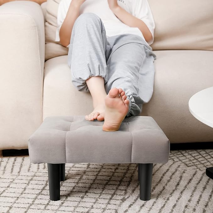 HOUCHICS Small Footstool Ottoman,Velvet Soft Footrest Ottoman with Wood Legs,Sofa Footrest Extra Seating for Living Room Entryway Office(Grey 2PACK)