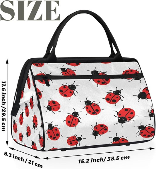 Large Travel Duffle Bag for Women Men,Waterproof Weekender Overnight Bag Carry on Tote Bags for Gym Sport Business Trip,Ladybug On White Duffel Bags