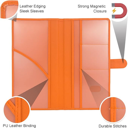 Car Registration and Insurance Holder, Leather Magnetic Shut Vehicle Glove Box Organizer for Document, Card, Driver License, Orange