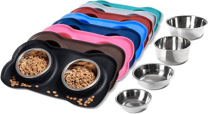 Hubulk Pet Dog Bowls 2 Stainless Steel Dog Bowl with No Spill Non-Skid Silicone Mat + Pet Food Scoop Water and Food Feeder Bowls for Feeding Small Medium Large Dogs Cats Puppies (S, Black)